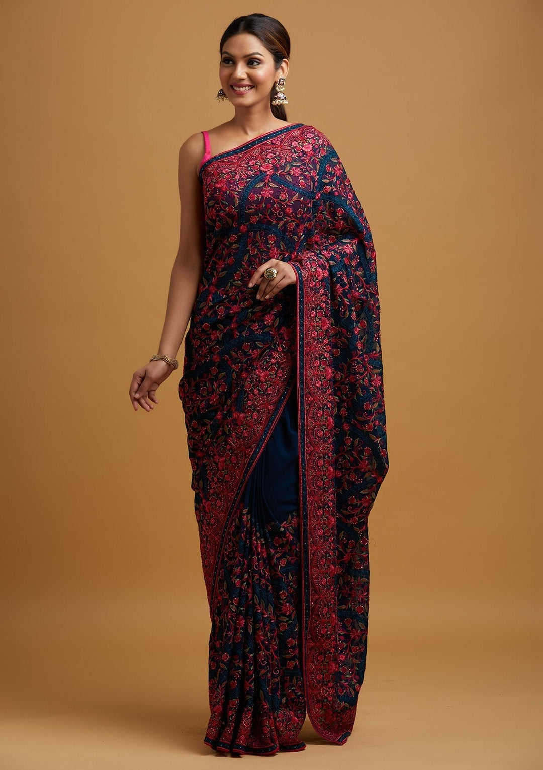 Peacock Blue Threadwork Georgette Designer Saree - koskii