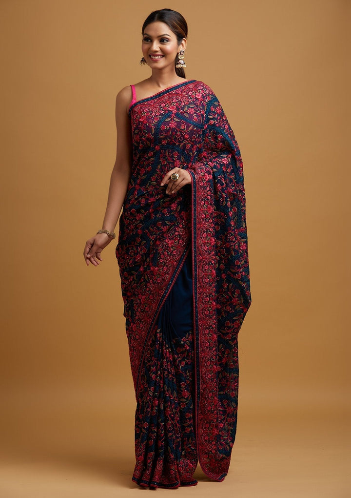 Peacock Blue Threadwork Georgette Designer Saree - koskii
