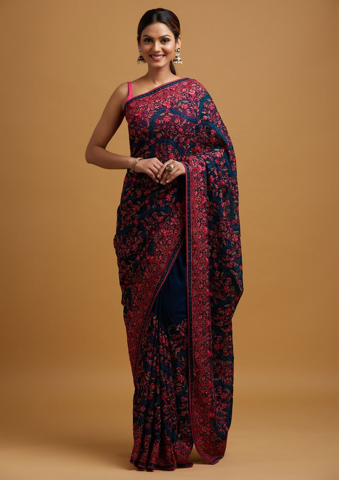 Peacock Blue Threadwork Georgette Designer Saree - koskii