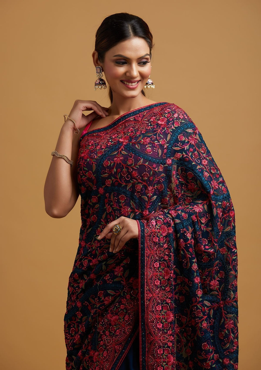 Peacock Blue Threadwork Georgette Designer Saree - koskii