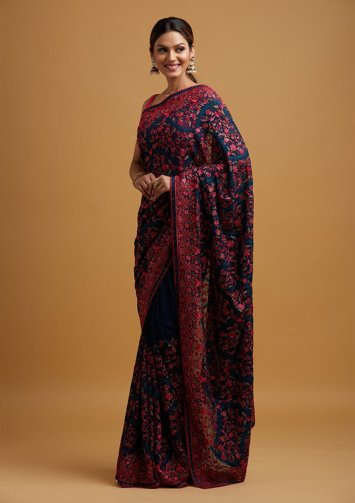 Peacock Blue Threadwork Georgette Designer Saree - koskii