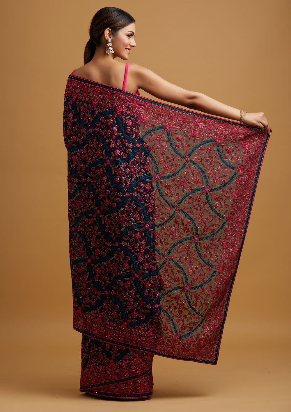 Peacock Blue Threadwork Georgette Designer Saree - koskii