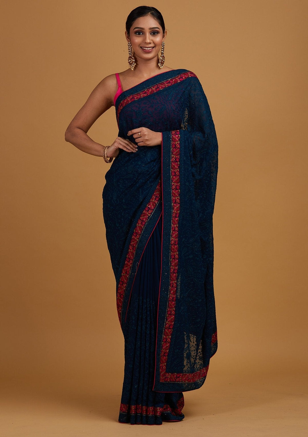 Peacock Blue Threadwork Georgette Designer Saree - Koskii