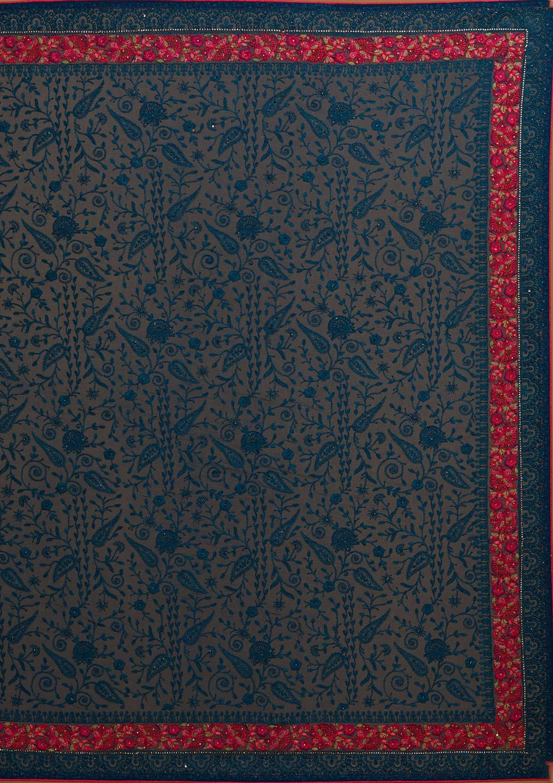 Peacock Blue Threadwork Georgette Designer Saree - Koskii