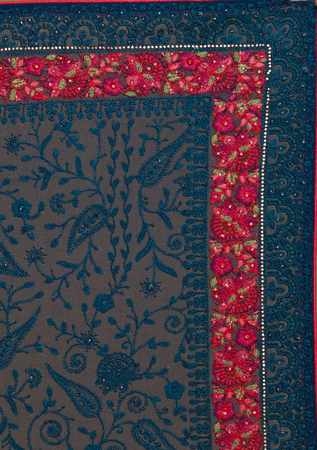 Peacock Blue Threadwork Georgette Designer Saree - Koskii