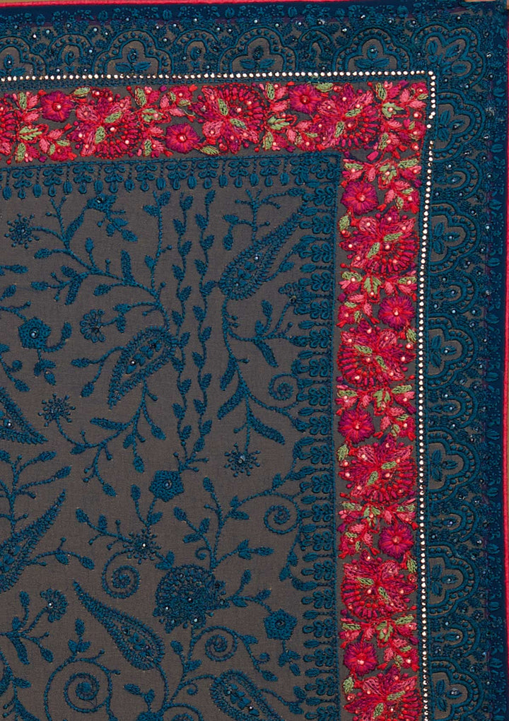 Peacock Blue Threadwork Georgette Designer Saree - Koskii