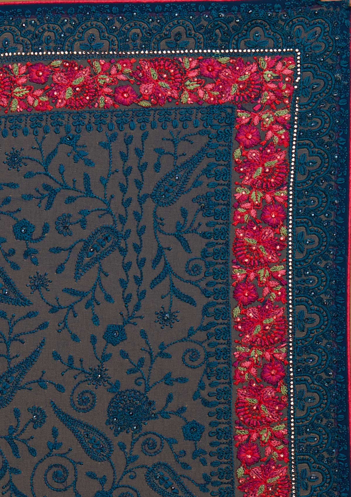 Peacock Blue Threadwork Georgette Designer Saree - Koskii