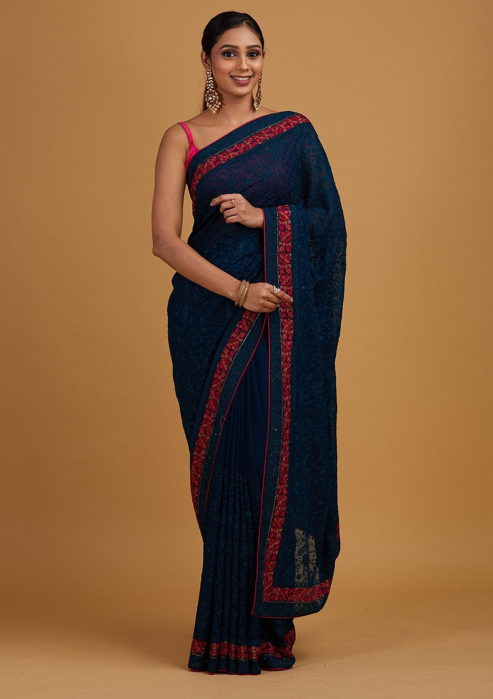 Peacock Blue Threadwork Georgette Designer Saree - Koskii