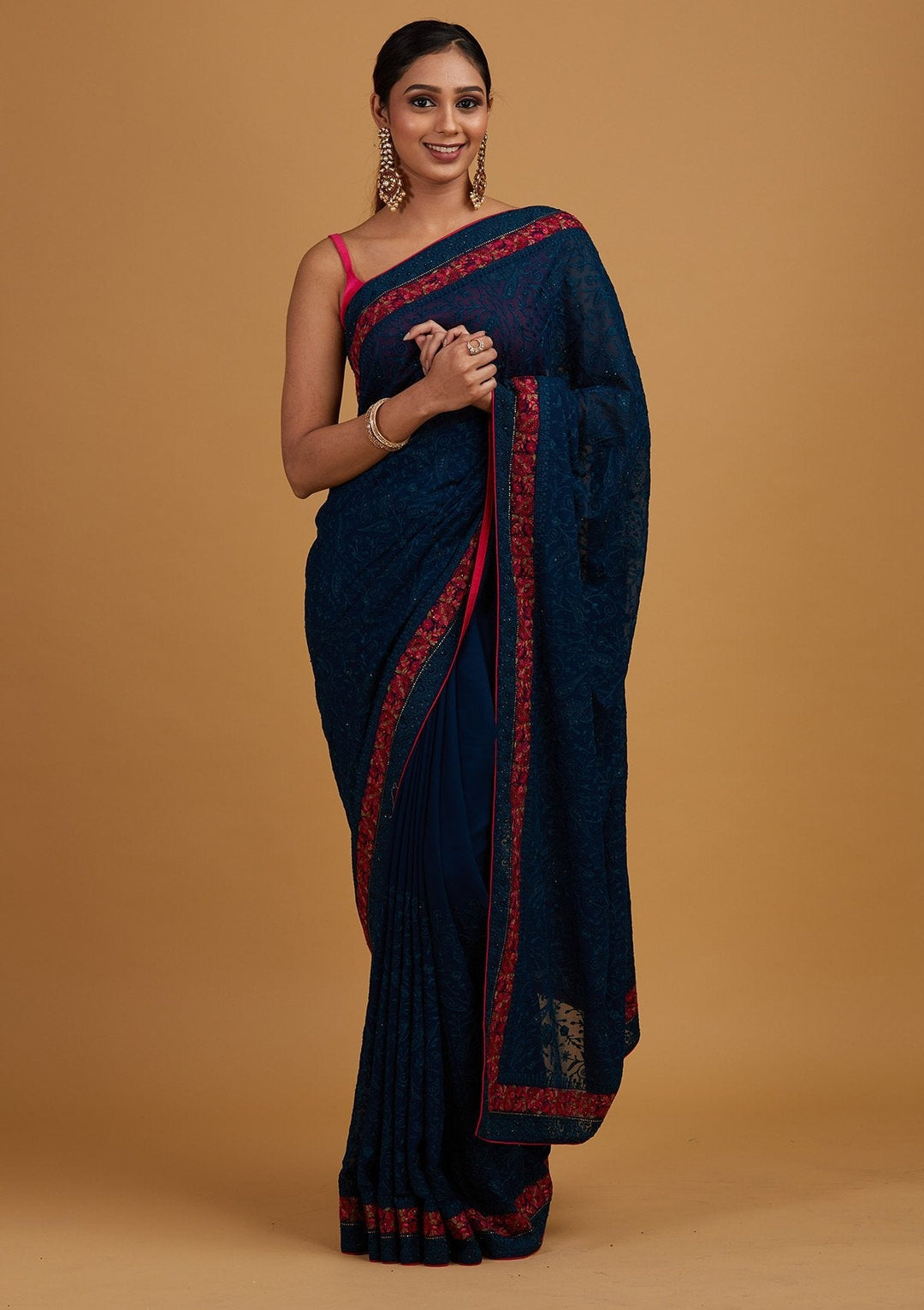 Peacock Blue Threadwork Georgette Designer Saree - Koskii