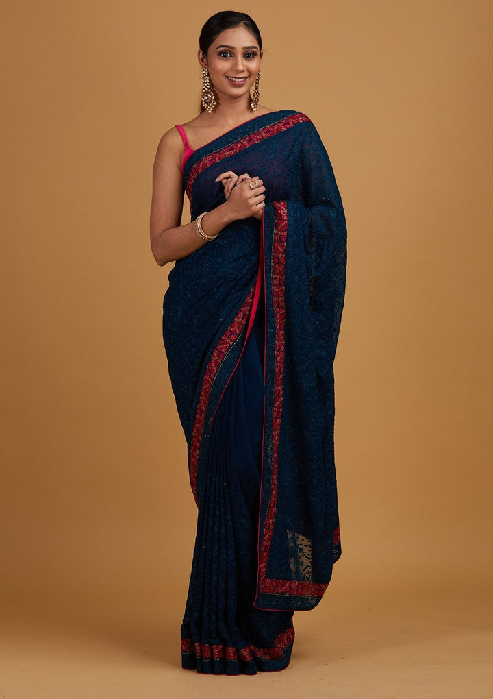Peacock Blue Threadwork Georgette Designer Saree - Koskii