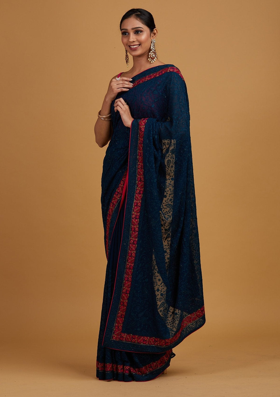 Peacock Blue Threadwork Georgette Designer Saree - Koskii