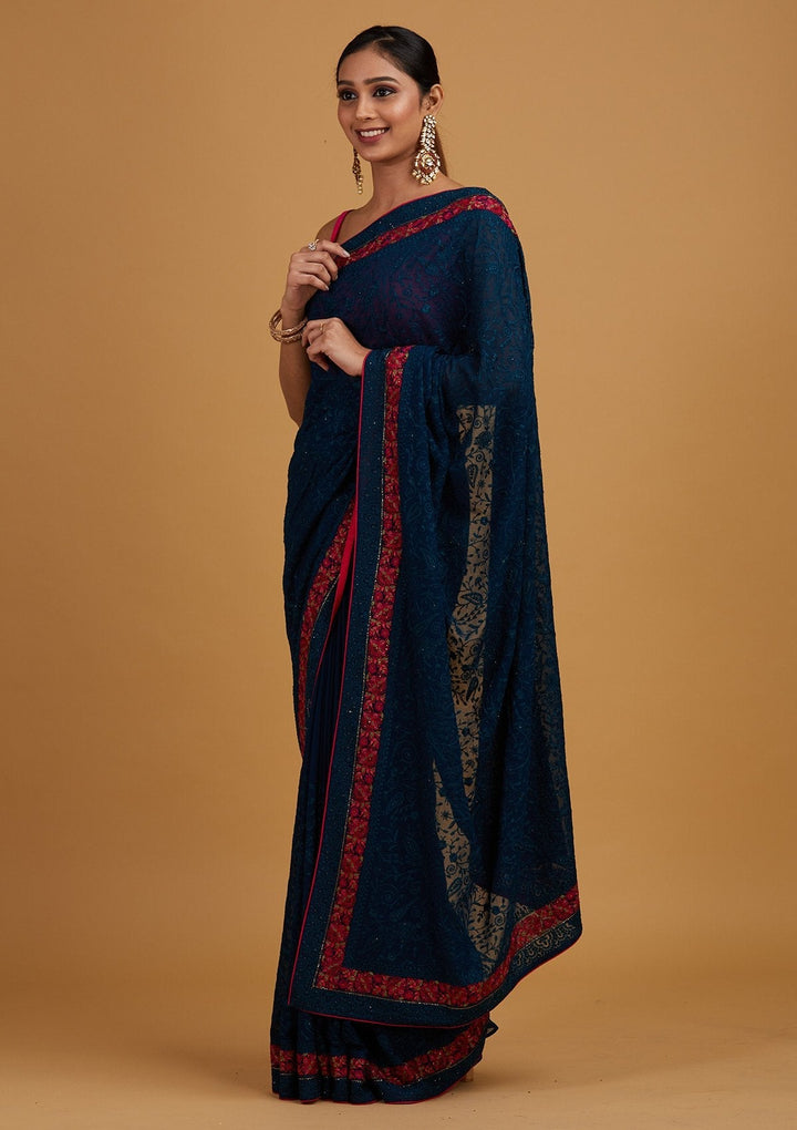 Peacock Blue Threadwork Georgette Designer Saree - Koskii