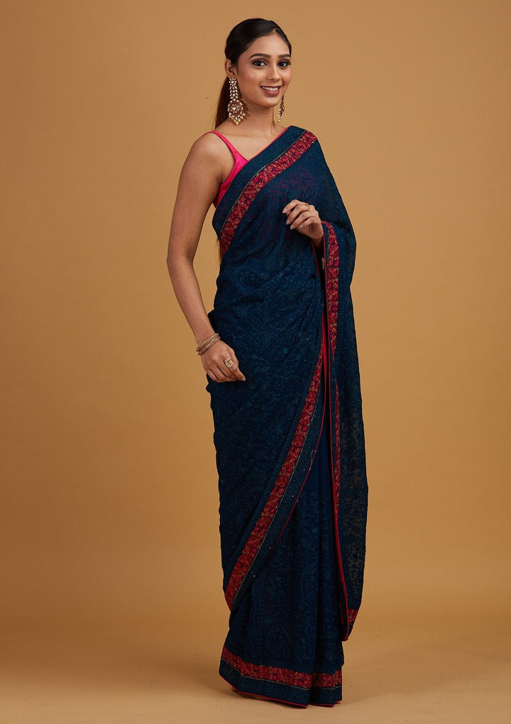 Peacock Blue Threadwork Georgette Designer Saree - Koskii