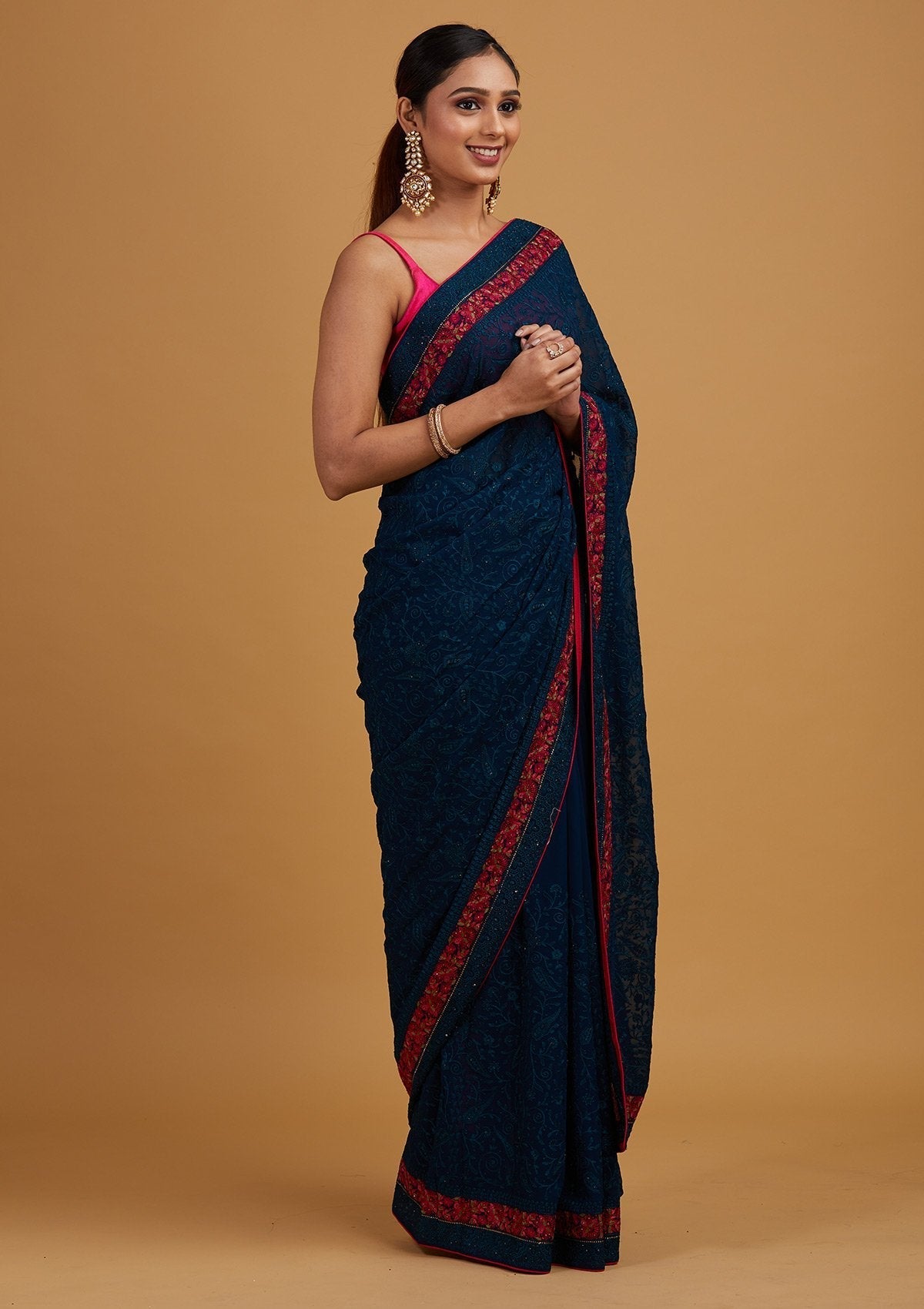 Peacock Blue Threadwork Georgette Designer Saree - Koskii
