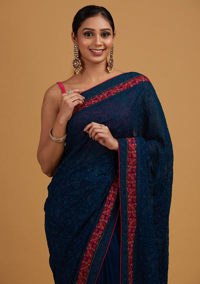 Peacock Blue Threadwork Georgette Designer Saree - Koskii