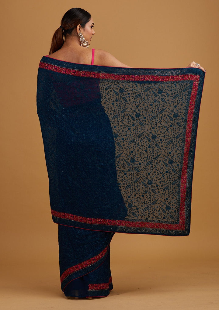 Peacock Blue Threadwork Georgette Designer Saree - Koskii