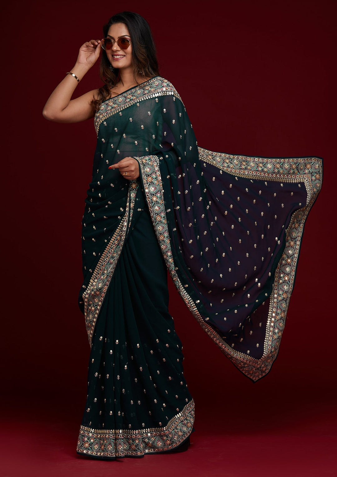 Peacock Blue Threadwork Georgette Saree - Koskii