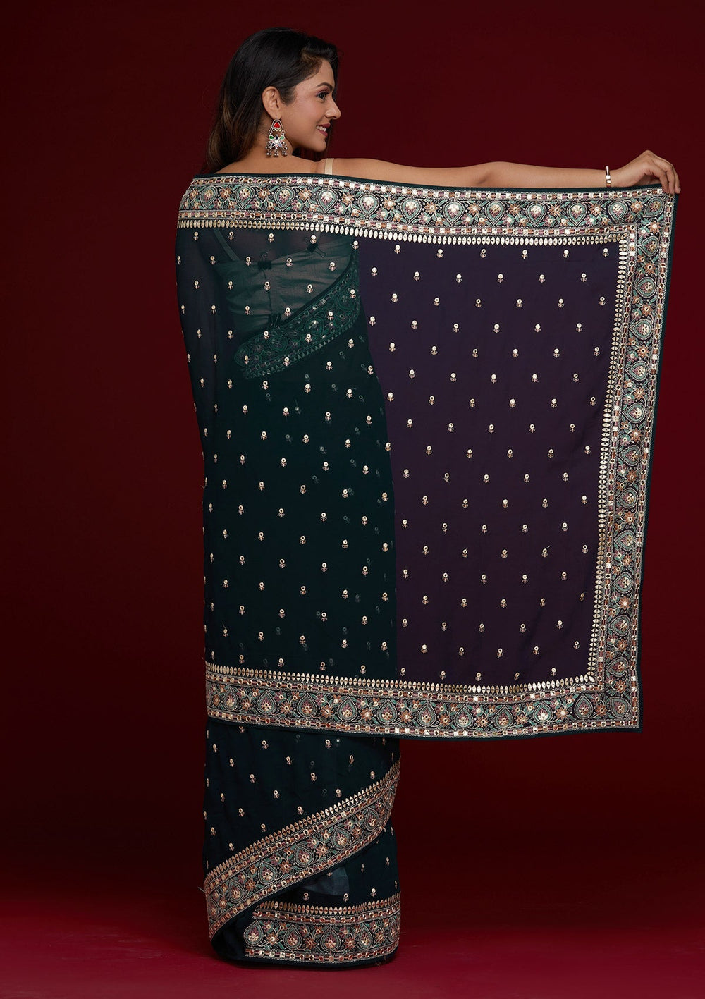 Peacock Blue Threadwork Georgette Saree - Koskii