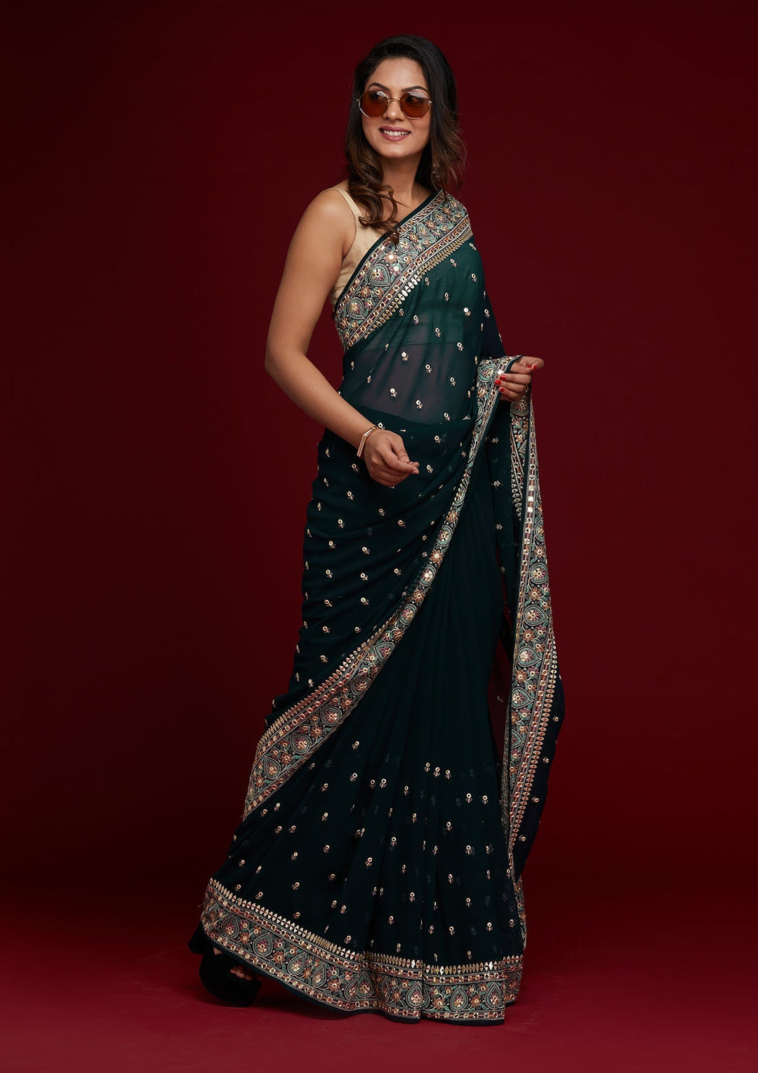Peacock Blue Threadwork Georgette Saree - Koskii