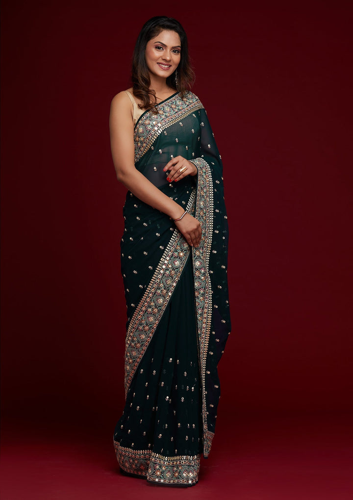 Peacock Blue Threadwork Georgette Saree - Koskii