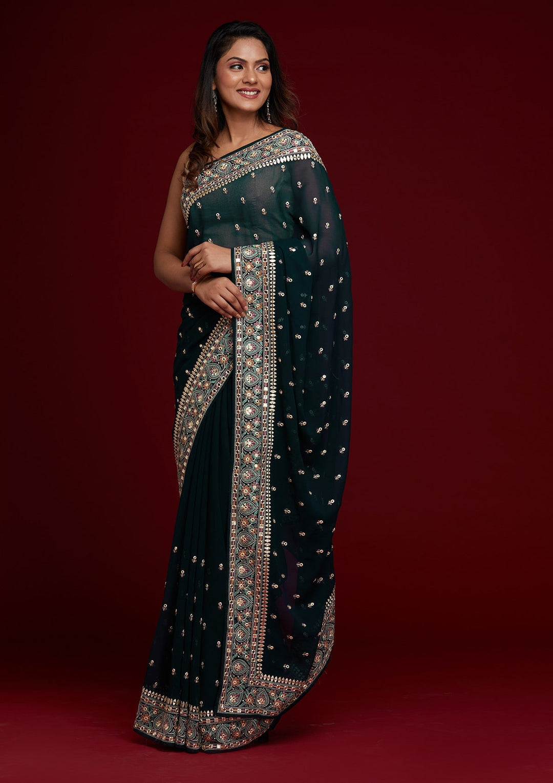 Peacock Blue Threadwork Georgette Saree - Koskii