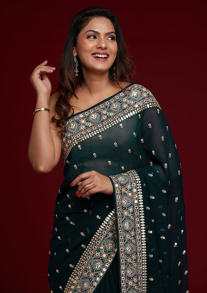 Peacock Blue Threadwork Georgette Saree - Koskii