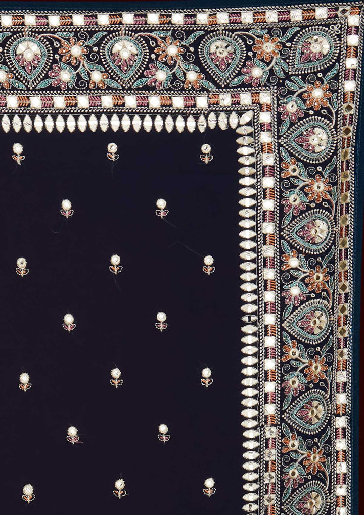 Peacock Blue Threadwork Georgette Saree - Koskii