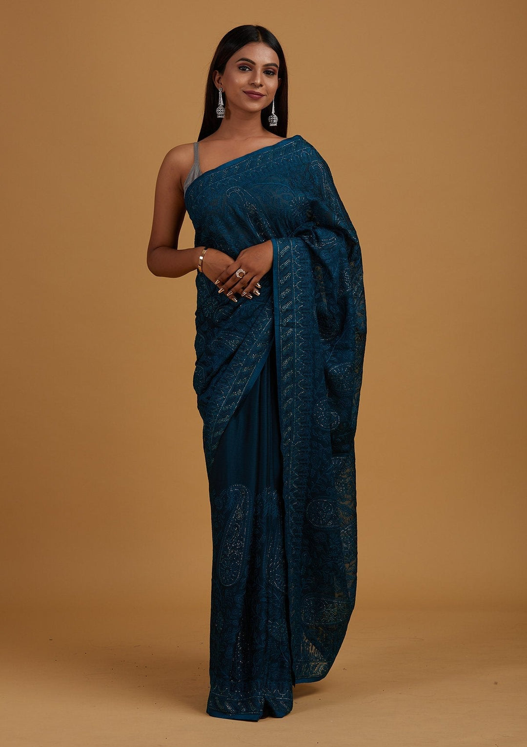 Peacock Blue Threadwork Net Designer Saree - Koskii