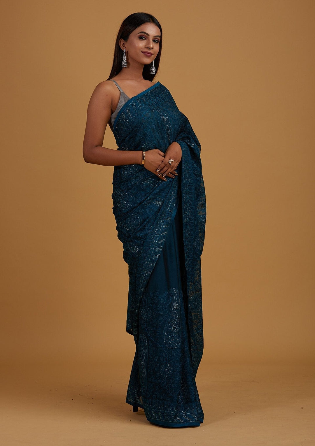 Peacock Blue Threadwork Net Designer Saree - Koskii