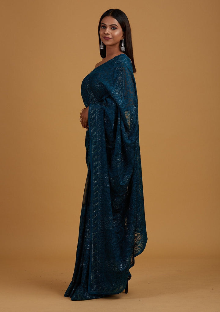 Peacock Blue Threadwork Net Designer Saree - Koskii