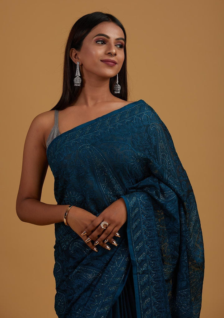 Peacock Blue Threadwork Net Designer Saree - Koskii