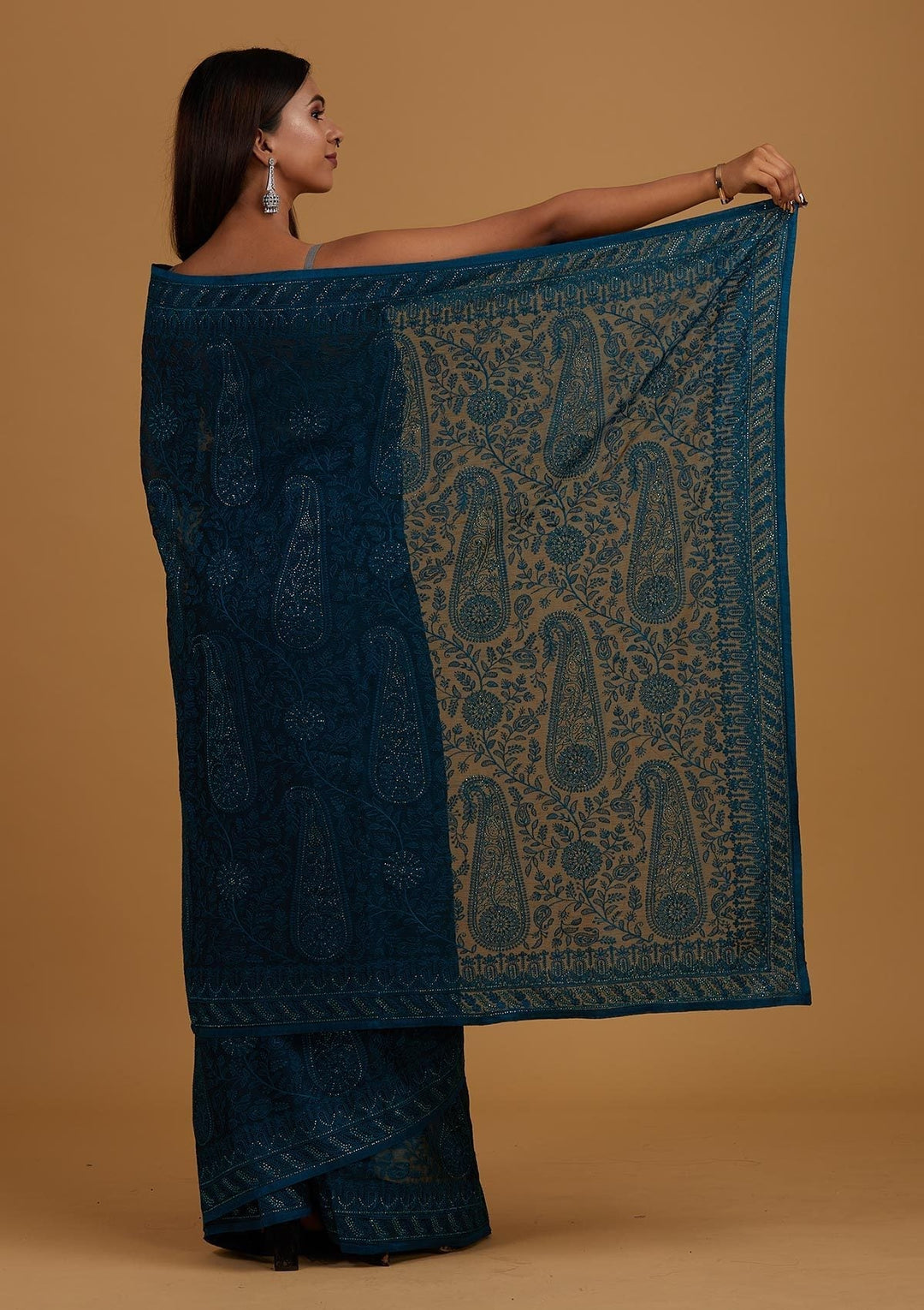 Peacock Blue Threadwork Net Designer Saree - Koskii