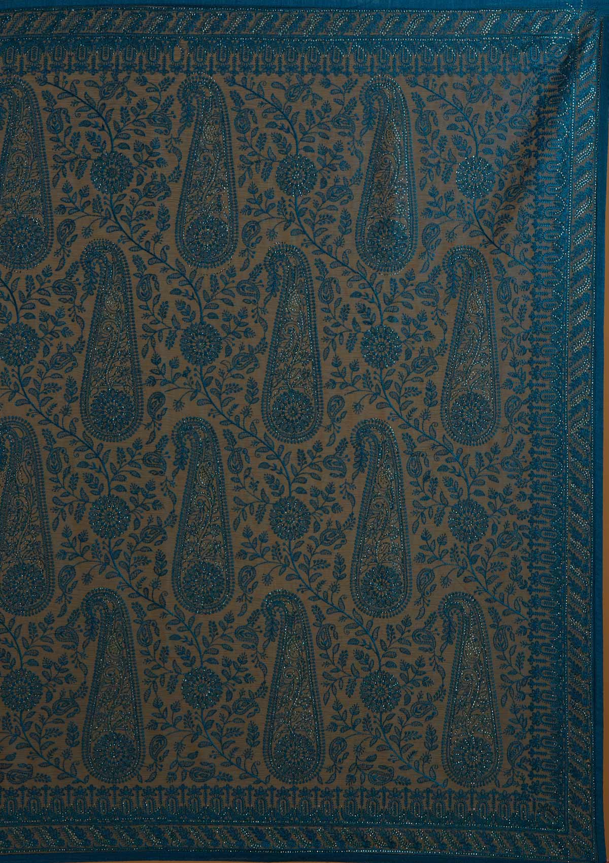 Peacock Blue Threadwork Net Designer Saree - Koskii