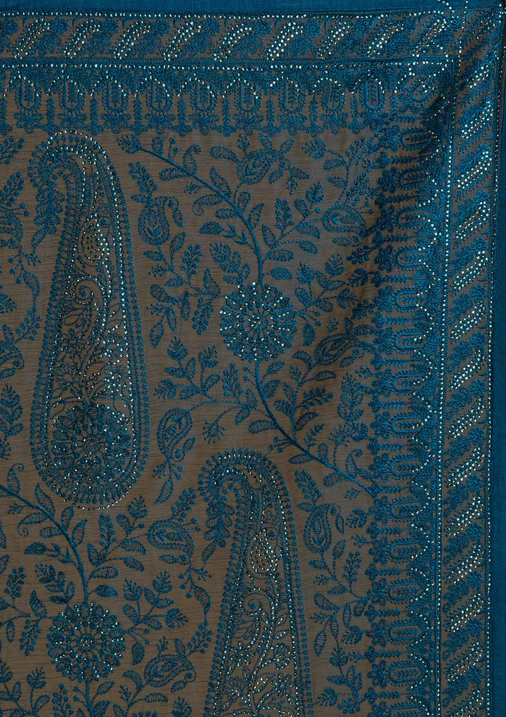 Peacock Blue Threadwork Net Designer Saree - Koskii