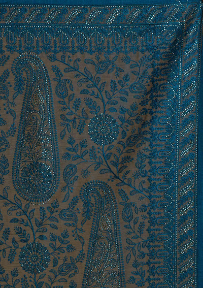 Peacock Blue Threadwork Net Designer Saree - Koskii