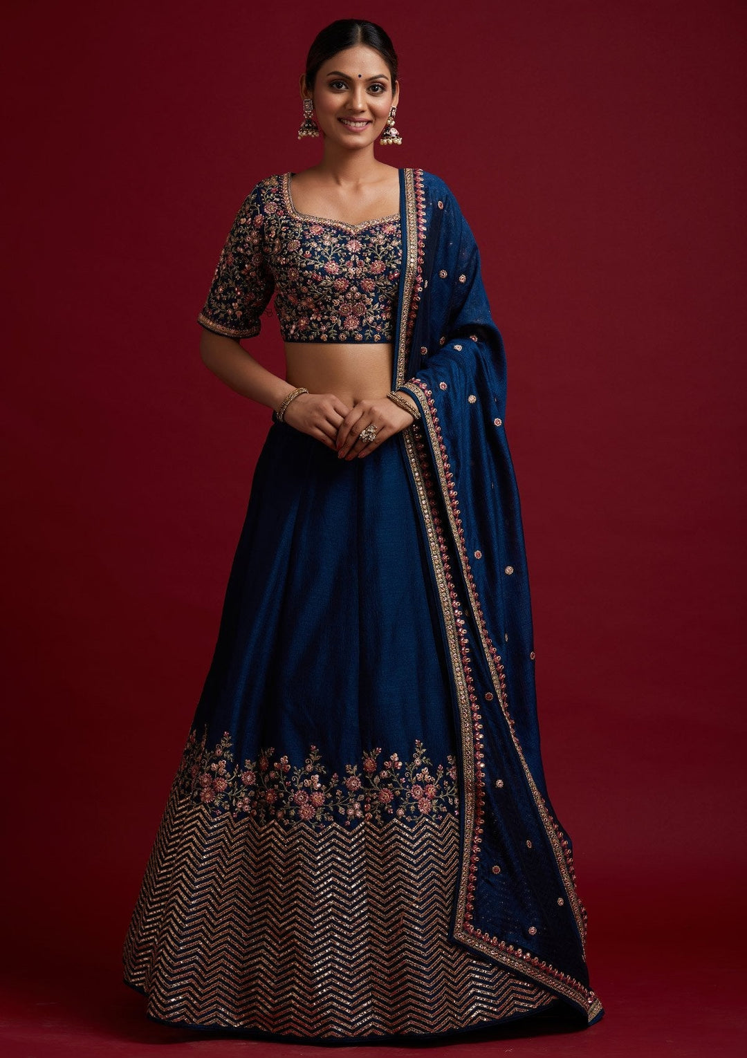 Peacock Blue Threadwork Raw Silk Designer Lehenga - koskii