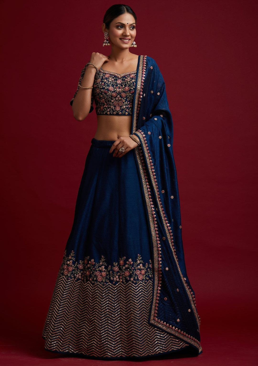 Peacock Blue Threadwork Raw Silk Designer Lehenga - koskii