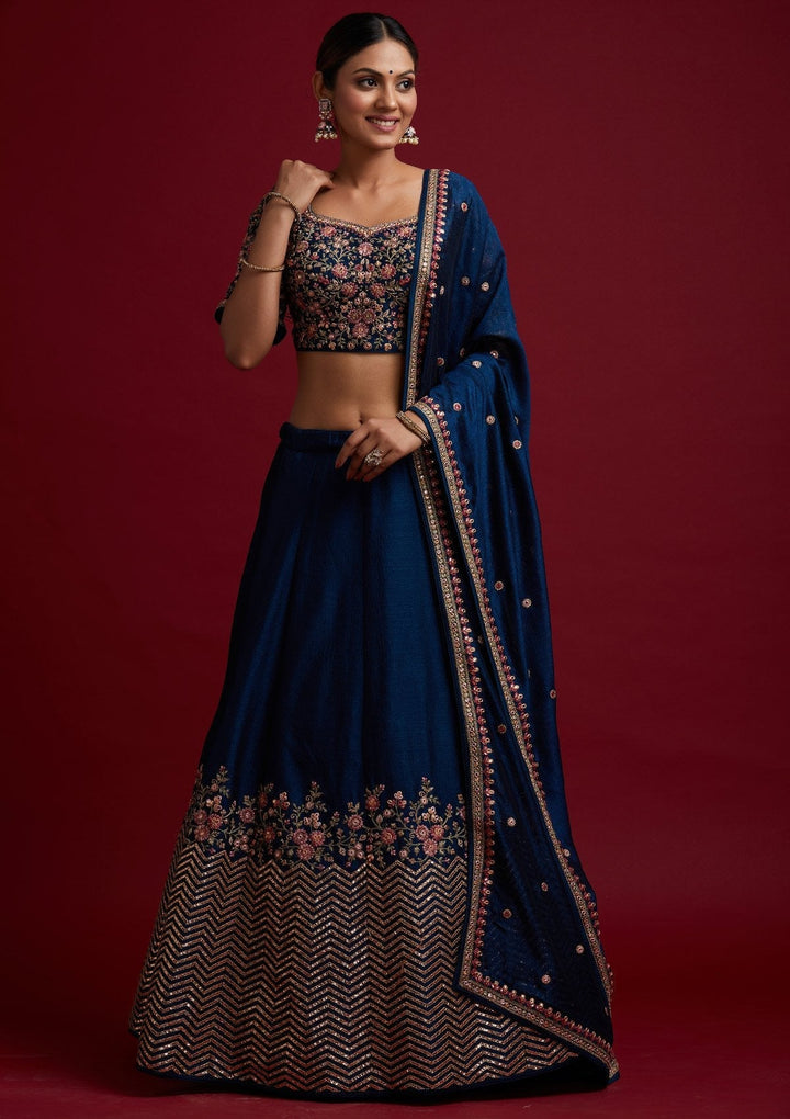 Peacock Blue Threadwork Raw Silk Designer Lehenga - koskii