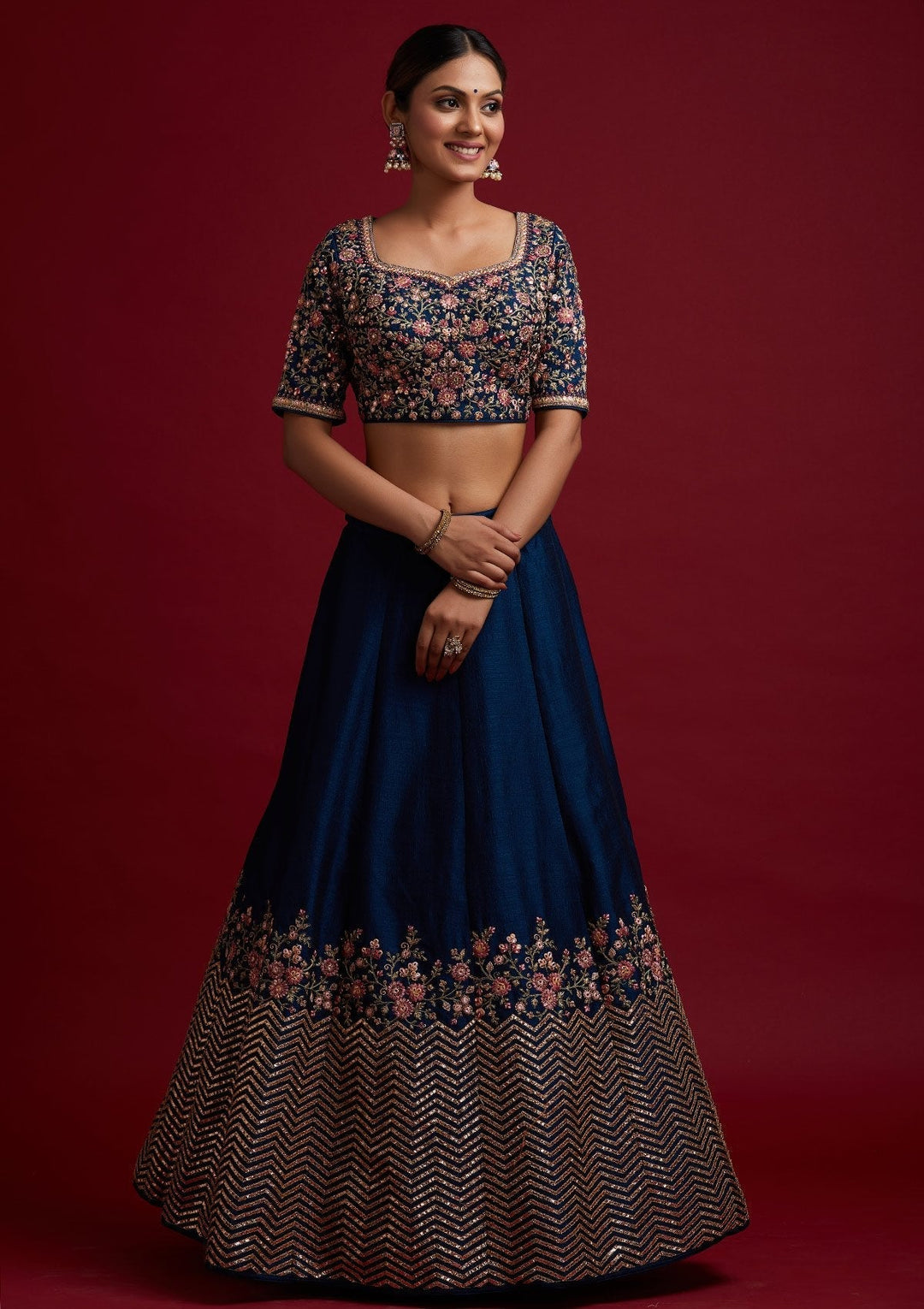 Peacock Blue Threadwork Raw Silk Designer Lehenga - koskii