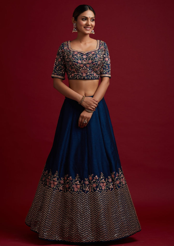Peacock Blue Threadwork Raw Silk Designer Lehenga - koskii