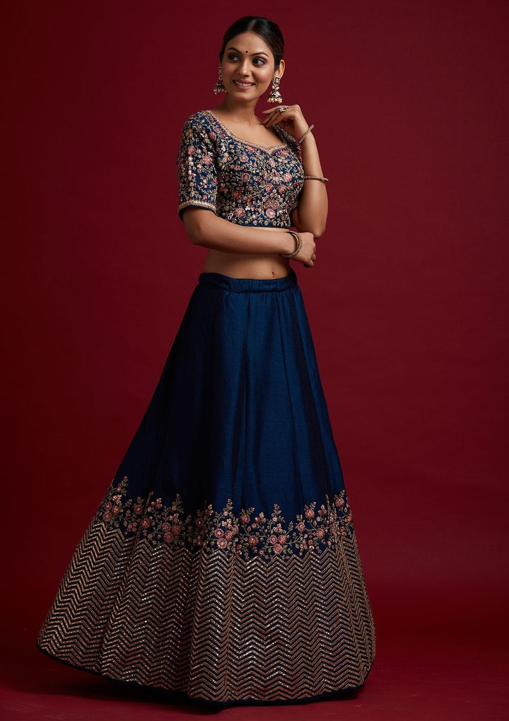 Peacock Blue Threadwork Raw Silk Designer Lehenga - koskii