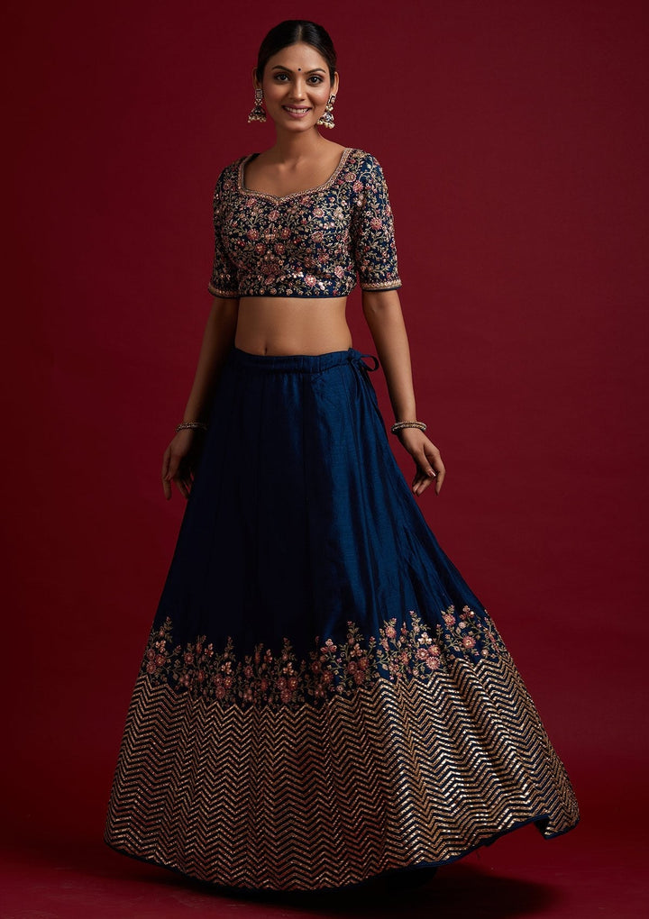 Peacock Blue Threadwork Raw Silk Designer Lehenga - koskii