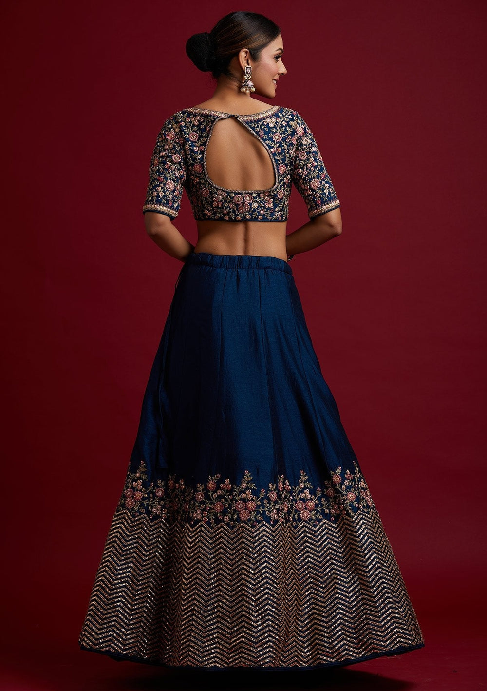 Peacock Blue Threadwork Raw Silk Designer Lehenga - koskii
