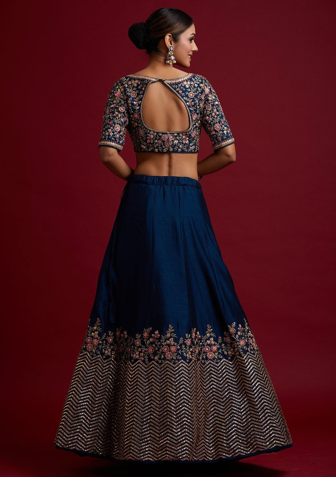 Peacock Blue Threadwork Raw Silk Designer Lehenga - koskii