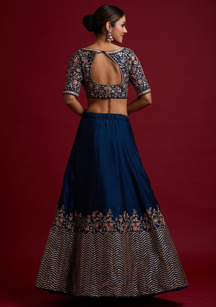 Peacock Blue Threadwork Raw Silk Designer Lehenga - koskii