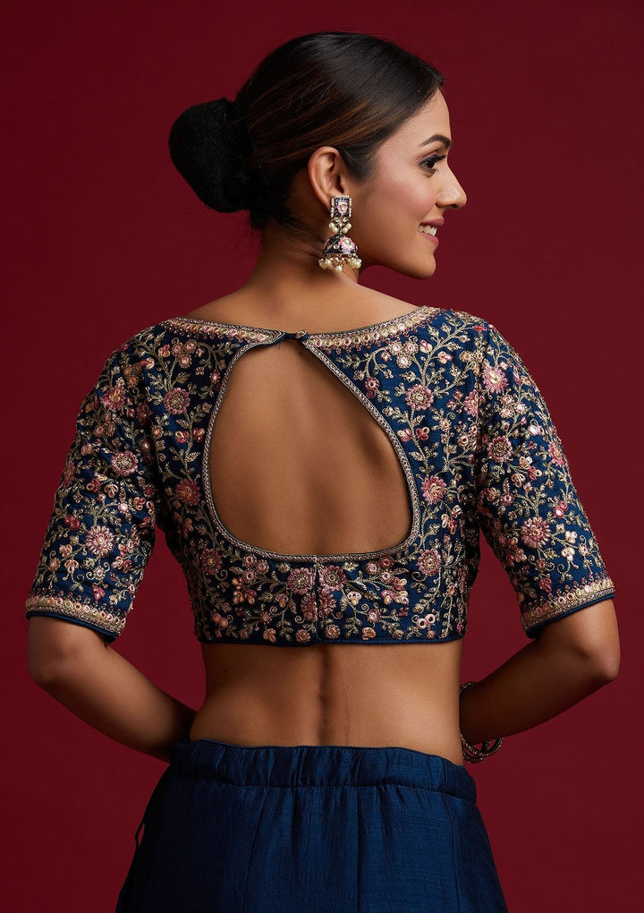 Peacock Blue Threadwork Raw Silk Designer Lehenga - koskii