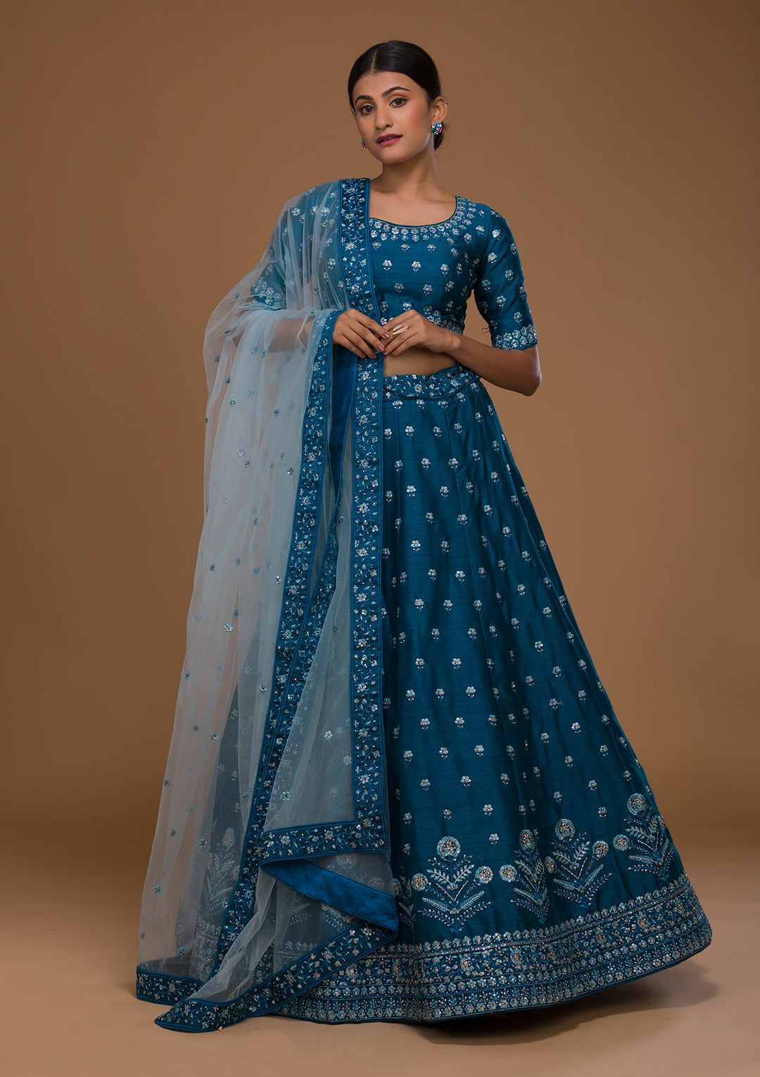 Peacock Blue Threadwork Raw Silk Designer Lehenga-Koskii