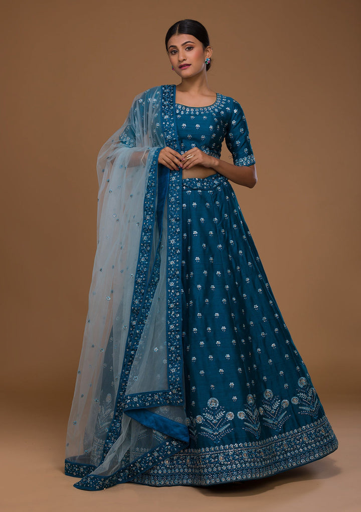Peacock Blue Threadwork Raw Silk Designer Lehenga-Koskii