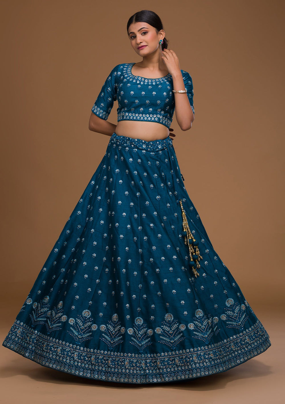 Peacock Blue Threadwork Raw Silk Designer Lehenga-Koskii