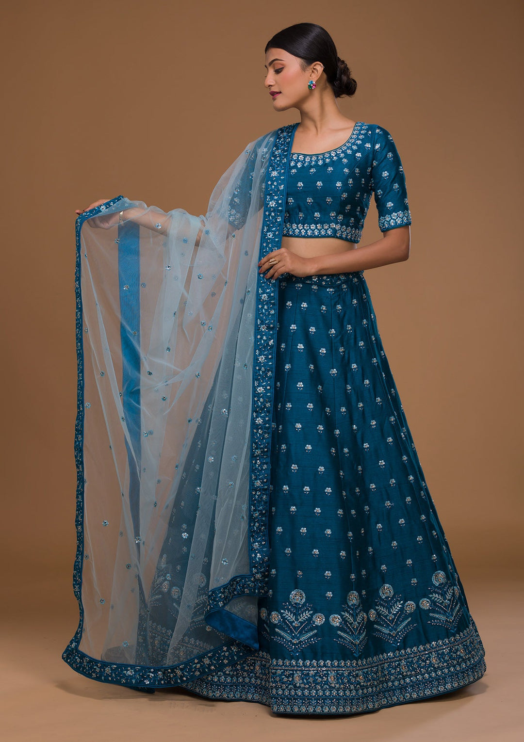 Peacock Blue Threadwork Raw Silk Designer Lehenga-Koskii